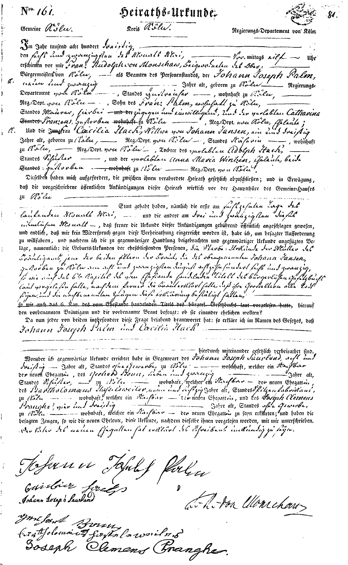 Kölner Heiratsurkunde Johann Joseph Palms aus dem Jahr 1840