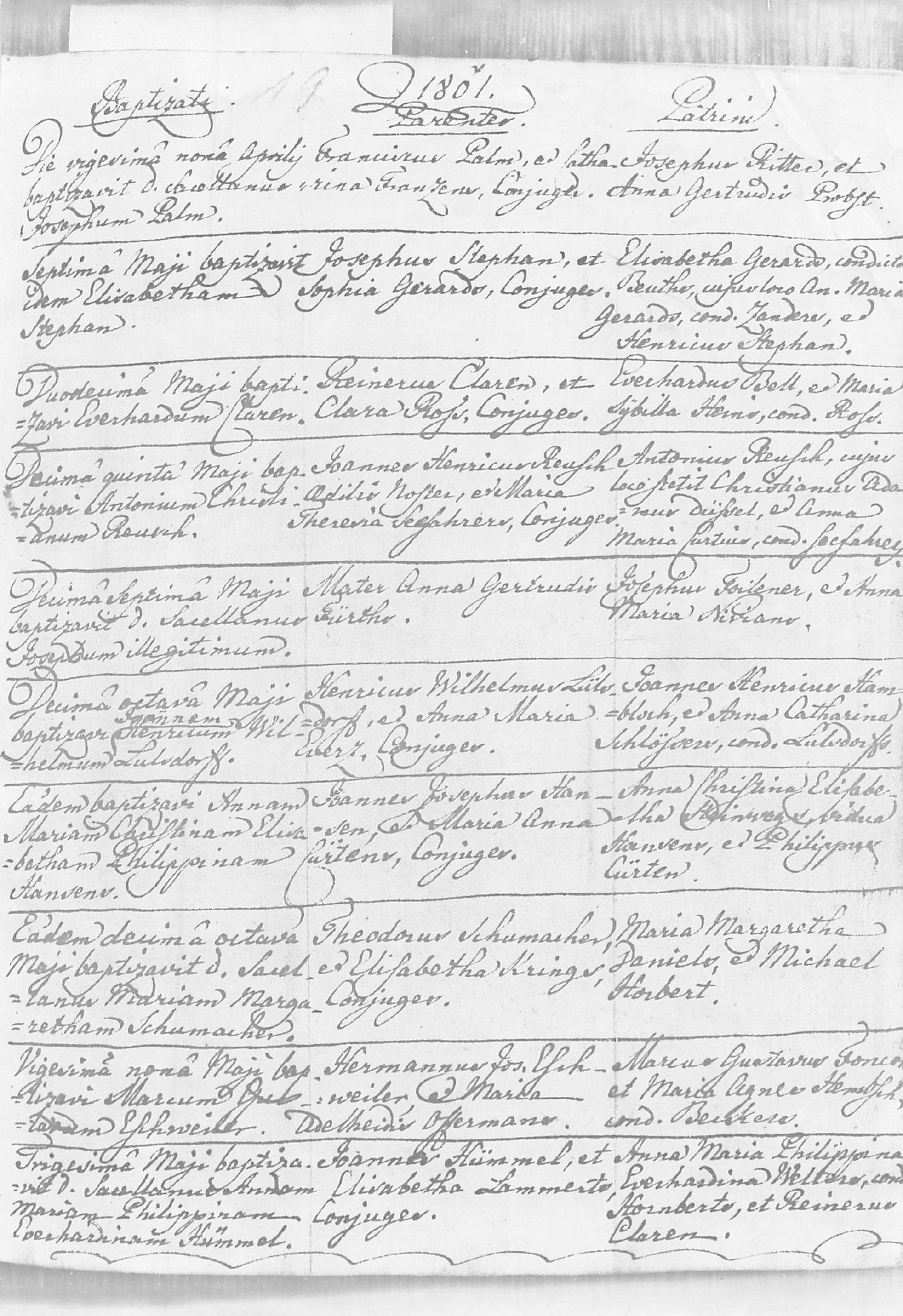 Lateinisches Taufregister mit dem Eintrag Johann Joseph Palms vom 29. April 1801
