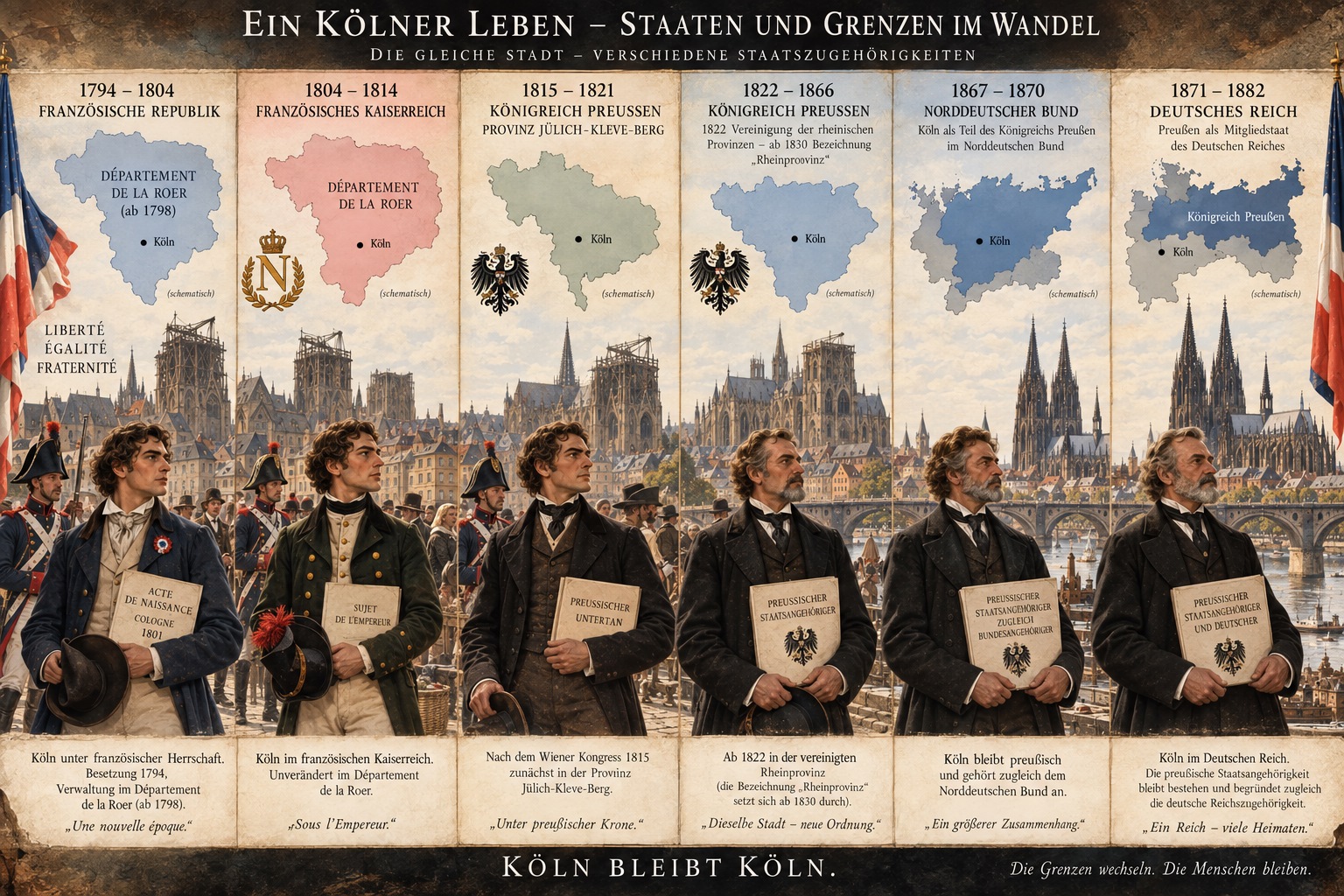 Illustration der wechselnden staatlichen Zugehörigkeit Kölns von 1801 bis 1882
