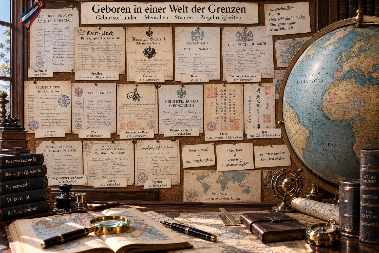 Historisierende Collage internationaler Geburts- und Personenstandsdokumente